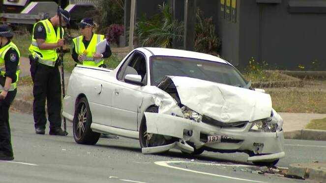 The alleged stolen Holden Commodore utility at the crash site. Picture via ABC 