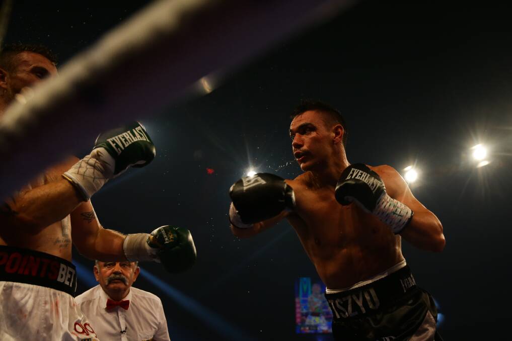 Tim Tszyu during his bout in Newcastle against Dennis Hogan on Wednesday, March 31, 2021. Picture by Jonathan Carroll 