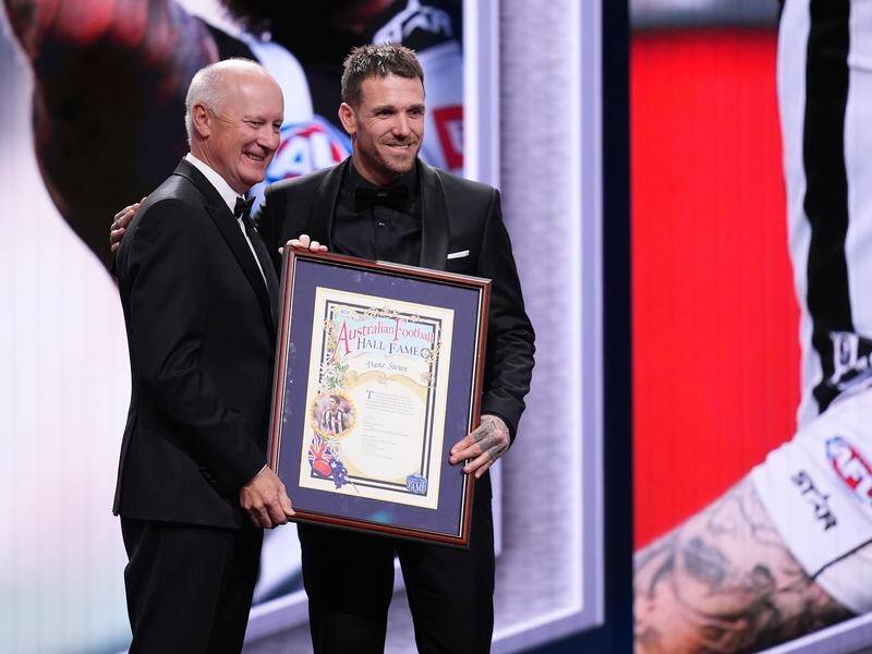 Hall of Fame inductee Dane Swan with AFL Commission chairman Richard Goyder. (Daniel Pockett/AAP PHOTOS)
